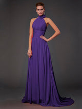 A-Line Charming Halter Sleeveless Hand-Made Flower Long Chiffon Bridesmaid Dresses