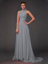 A-Line Charming Halter Sleeveless Hand-Made Flower Long Chiffon Bridesmaid Dresses