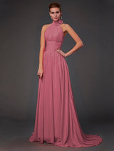 A-Line Charming Halter Sleeveless Hand-Made Flower Long Chiffon Bridesmaid Dresses