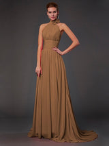 A-Line Charming Halter Sleeveless Hand-Made Flower Long Chiffon Bridesmaid Dresses