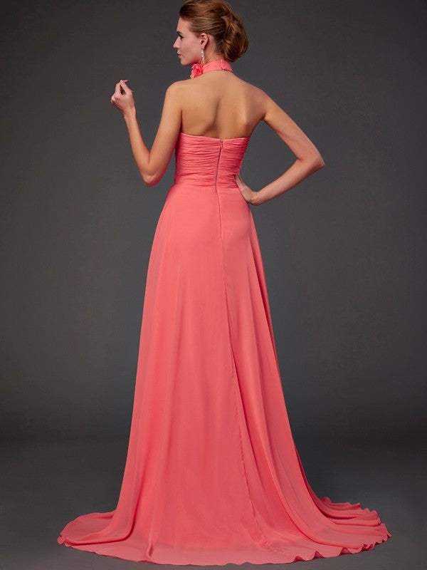 A-Line Charming Halter Sleeveless Hand-Made Flower Long Chiffon Bridesmaid Dresses