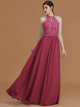 A-Line Charming Halter Sleeveless Lace Chiffon Bridesmaid Dresses