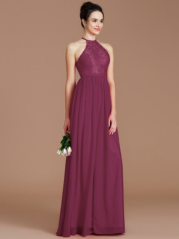 A-Line Charming Halter Sleeveless Lace Chiffon Bridesmaid Dresses