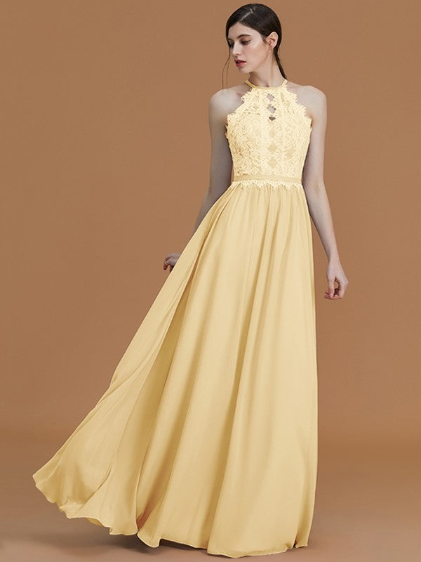 A-Line Charming Halter Sleeveless Lace Chiffon Bridesmaid Dresses