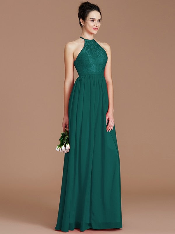 A-Line Charming Halter Sleeveless Lace Chiffon Bridesmaid Dresses