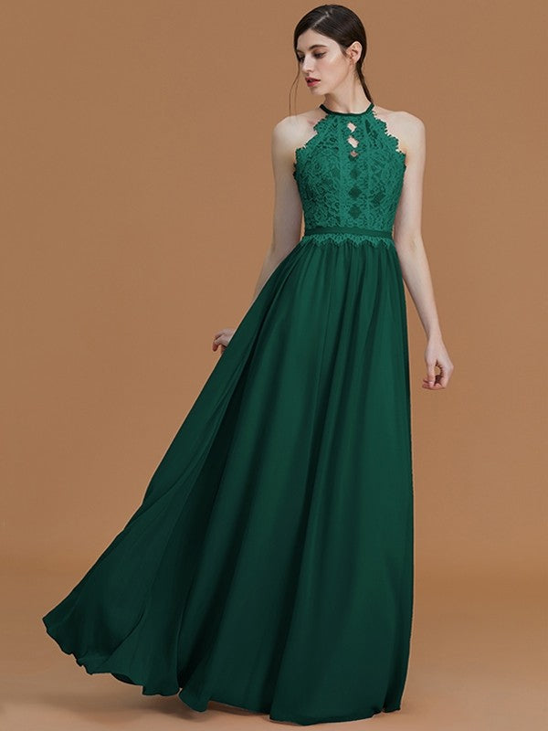 A-Line Charming Halter Sleeveless Lace Chiffon Bridesmaid Dresses