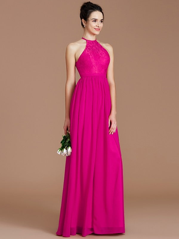 A-Line Charming Halter Sleeveless Lace Chiffon Bridesmaid Dresses