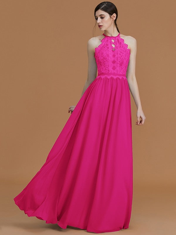 A-Line Charming Halter Sleeveless Lace Chiffon Bridesmaid Dresses