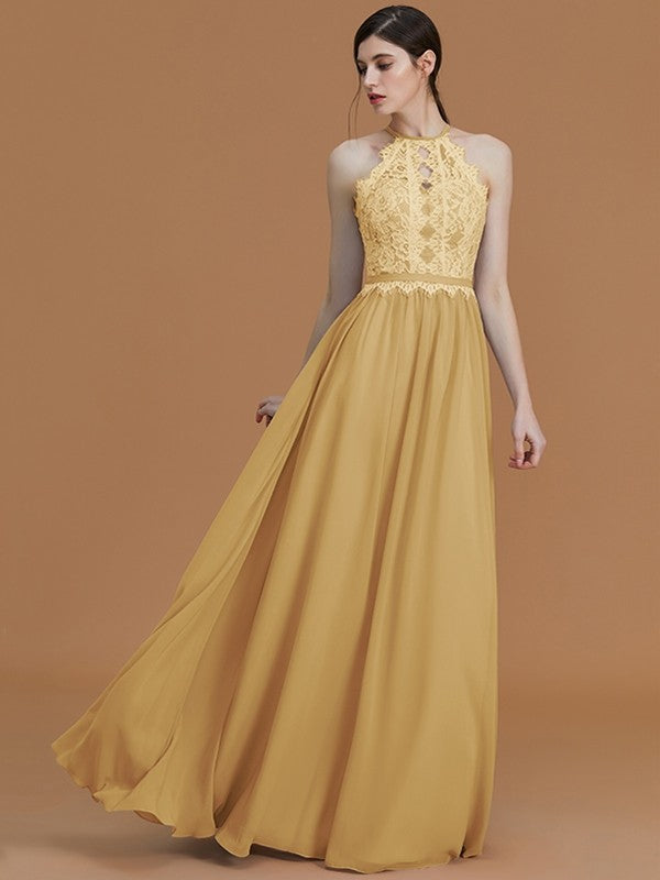 A-Line Charming Halter Sleeveless Lace Chiffon Bridesmaid Dresses