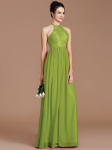 A-Line Charming Halter Sleeveless Lace Chiffon Bridesmaid Dresses