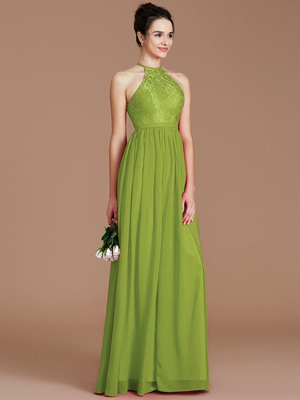 A-Line Charming Halter Sleeveless Lace Chiffon Bridesmaid Dresses