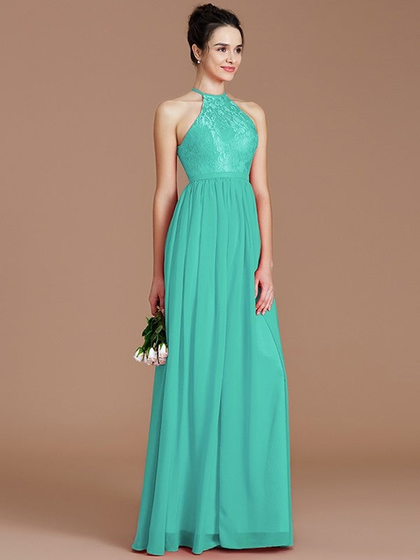 A-Line Charming Halter Sleeveless Lace Chiffon Bridesmaid Dresses