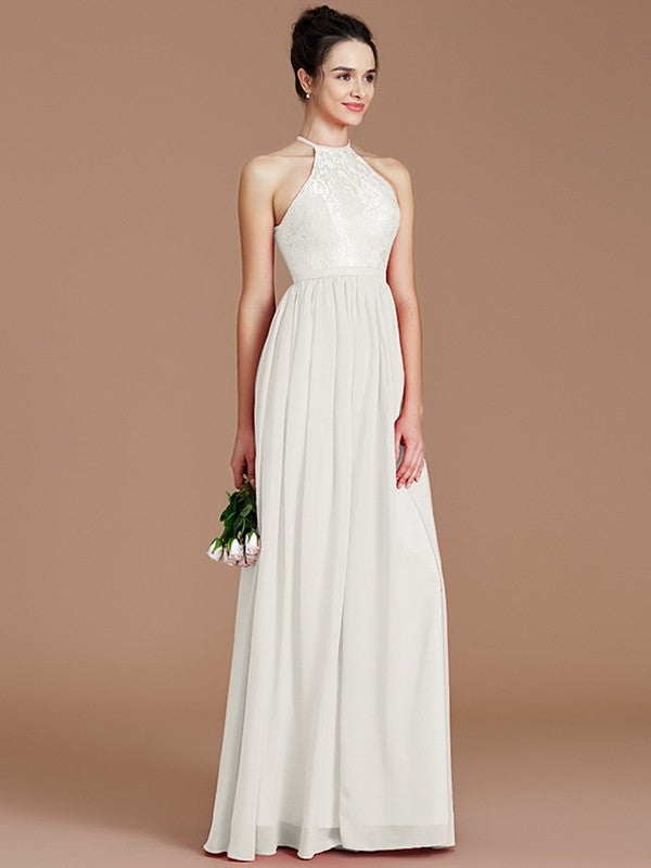 A-Line Charming Halter Sleeveless Lace Chiffon Bridesmaid Dresses