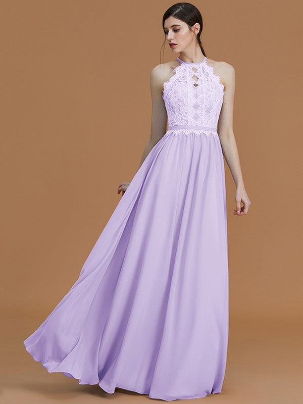 A-Line Charming Halter Sleeveless Lace Chiffon Bridesmaid Dresses