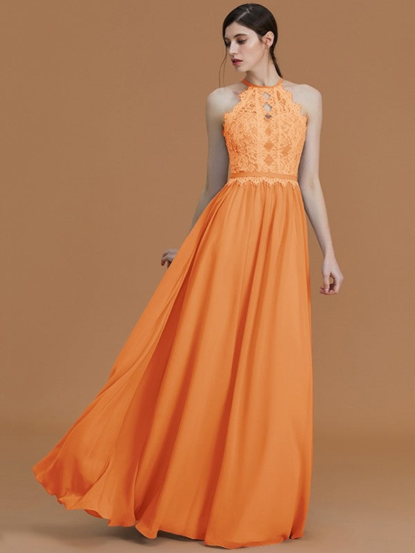 A-Line Charming Halter Sleeveless Lace Chiffon Bridesmaid Dresses