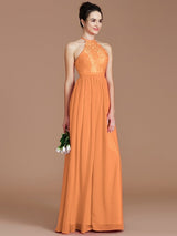 A-Line Charming Halter Sleeveless Lace Chiffon Bridesmaid Dresses