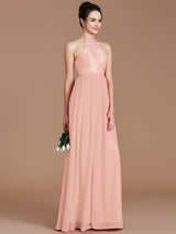 A-Line Charming Halter Sleeveless Lace Chiffon Bridesmaid Dresses