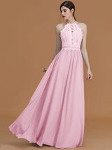 A-Line Charming Halter Sleeveless Lace Chiffon Bridesmaid Dresses