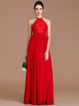 A-Line Charming Halter Sleeveless Lace Chiffon Bridesmaid Dresses