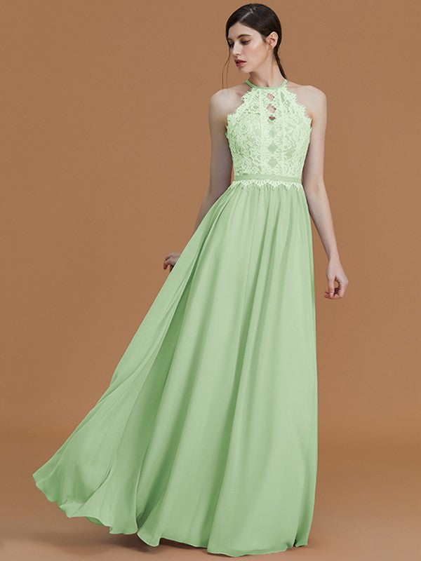 A-Line Charming Halter Sleeveless Lace Chiffon Bridesmaid Dresses