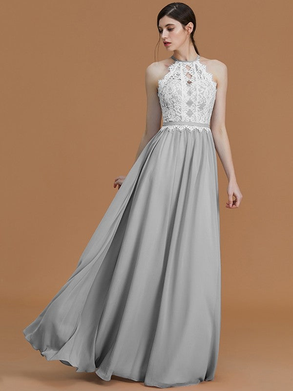 A-Line Charming Halter Sleeveless Lace Chiffon Bridesmaid Dresses