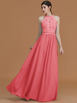 A-Line Charming Halter Sleeveless Lace Chiffon Bridesmaid Dresses