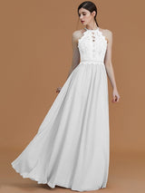 A-Line Charming Halter Sleeveless Lace Chiffon Bridesmaid Dresses