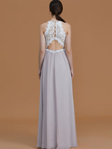 A-Line Charming Halter Sleeveless Lace Chiffon Bridesmaid Dresses