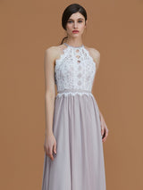 A-Line Charming Halter Sleeveless Lace Chiffon Bridesmaid Dresses