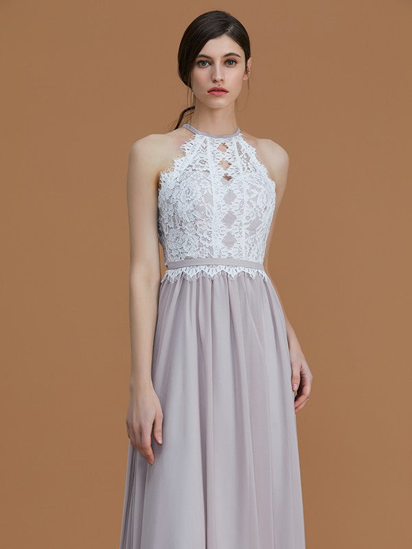 A-Line Charming Halter Sleeveless Lace Chiffon Bridesmaid Dresses