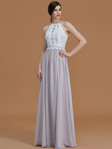 A-Line Charming Halter Sleeveless Lace Chiffon Bridesmaid Dresses