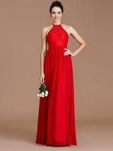 A-Line Charming Halter Sleeveless Lace Chiffon Bridesmaid Dresses