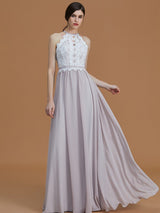 A-Line Charming Halter Sleeveless Lace Chiffon Bridesmaid Dresses