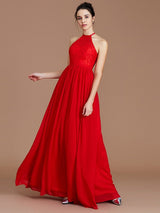 A-Line Charming Halter Sleeveless Lace Chiffon Bridesmaid Dresses