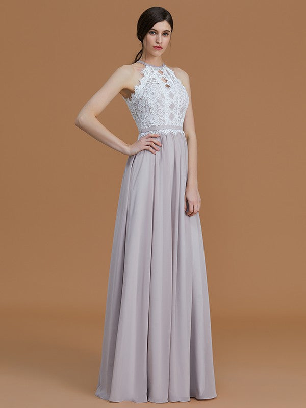 A-Line Charming Halter Sleeveless Lace Chiffon Bridesmaid Dresses