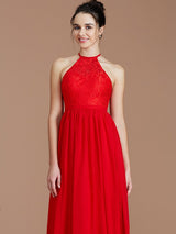 A-Line Charming Halter Sleeveless Lace Chiffon Bridesmaid Dresses