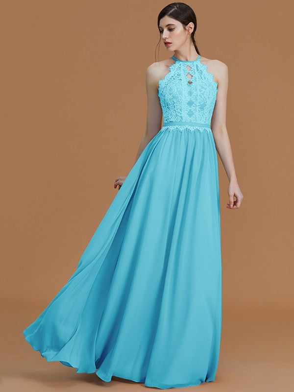 A-Line Charming Halter Sleeveless Lace Chiffon Bridesmaid Dresses