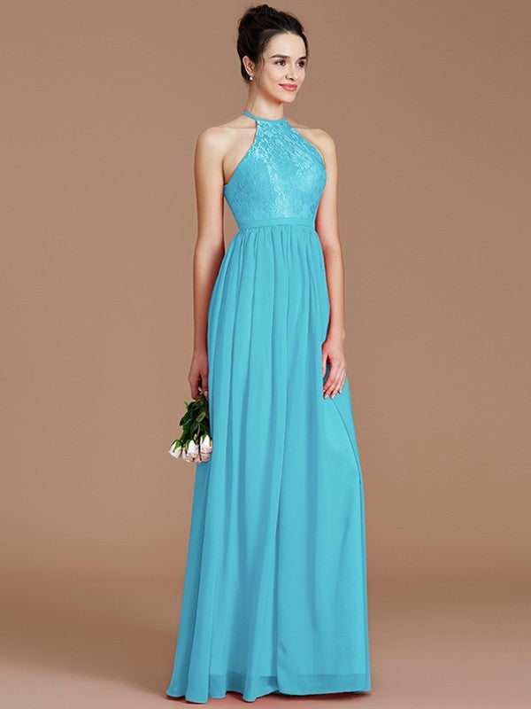 A-Line Charming Halter Sleeveless Lace Chiffon Bridesmaid Dresses