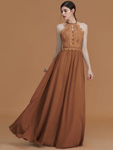 A-Line Charming Halter Sleeveless Lace Chiffon Bridesmaid Dresses