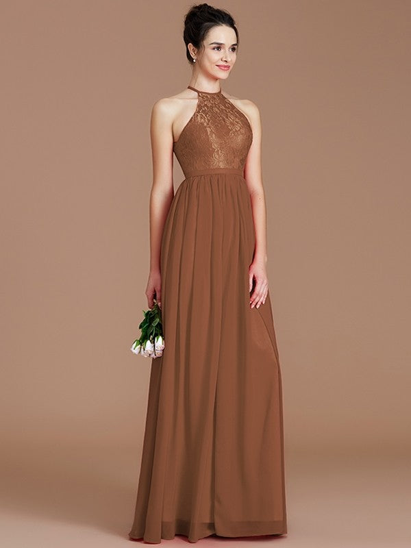 A-Line Charming Halter Sleeveless Lace Chiffon Bridesmaid Dresses