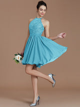 A-Line Charming Halter Sleeveless Lace Short/Mini Chiffon Bridesmaid Dresses