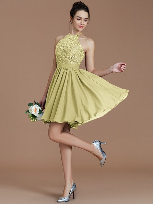 A-Line Charming Halter Sleeveless Lace Short/Mini Chiffon Bridesmaid Dresses