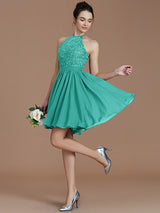 A-Line Charming Halter Sleeveless Lace Short/Mini Chiffon Bridesmaid Dresses