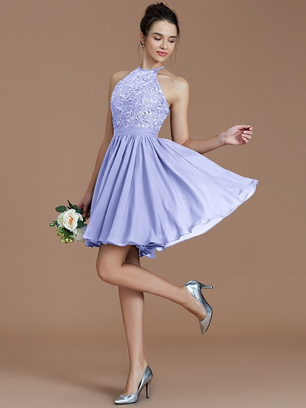 A-Line Charming Halter Sleeveless Lace Short/Mini Chiffon Bridesmaid Dresses