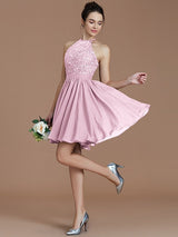 A-Line Charming Halter Sleeveless Lace Short/Mini Chiffon Bridesmaid Dresses