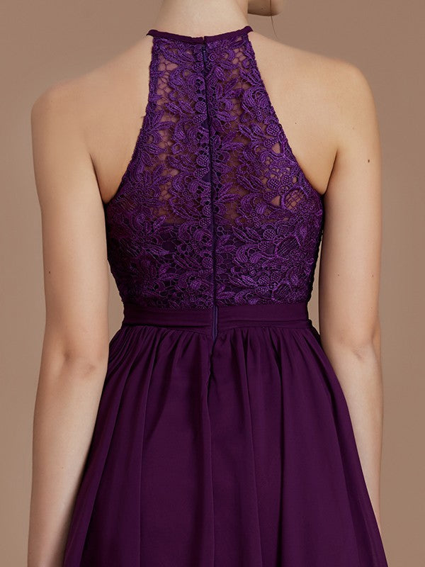 A-Line Charming Halter Sleeveless Lace Short/Mini Chiffon Bridesmaid Dresses