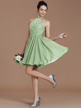 A-Line Charming Halter Sleeveless Lace Short/Mini Chiffon Bridesmaid Dresses