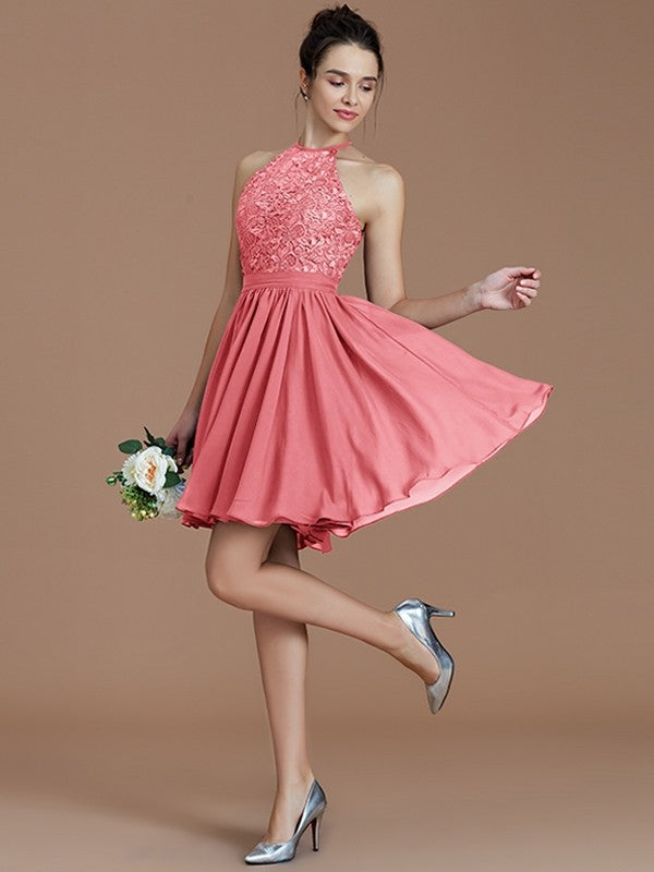 A-Line Charming Halter Sleeveless Lace Short/Mini Chiffon Bridesmaid Dresses