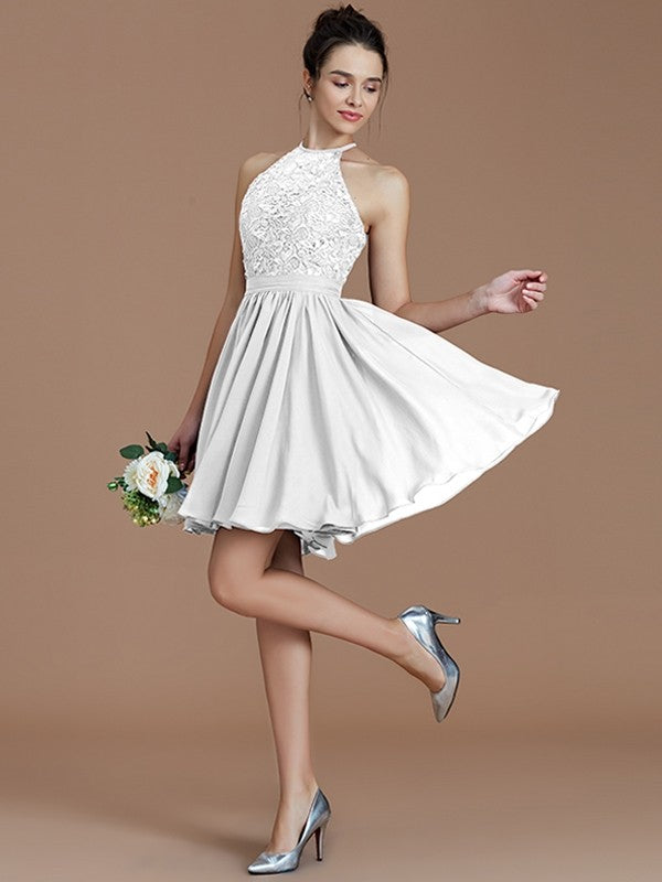 A-Line Charming Halter Sleeveless Lace Short/Mini Chiffon Bridesmaid Dresses