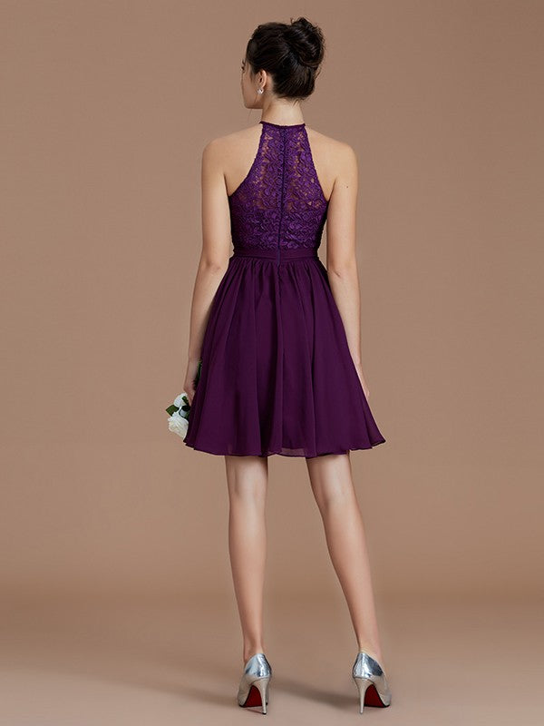 A-Line Charming Halter Sleeveless Lace Short/Mini Chiffon Bridesmaid Dresses